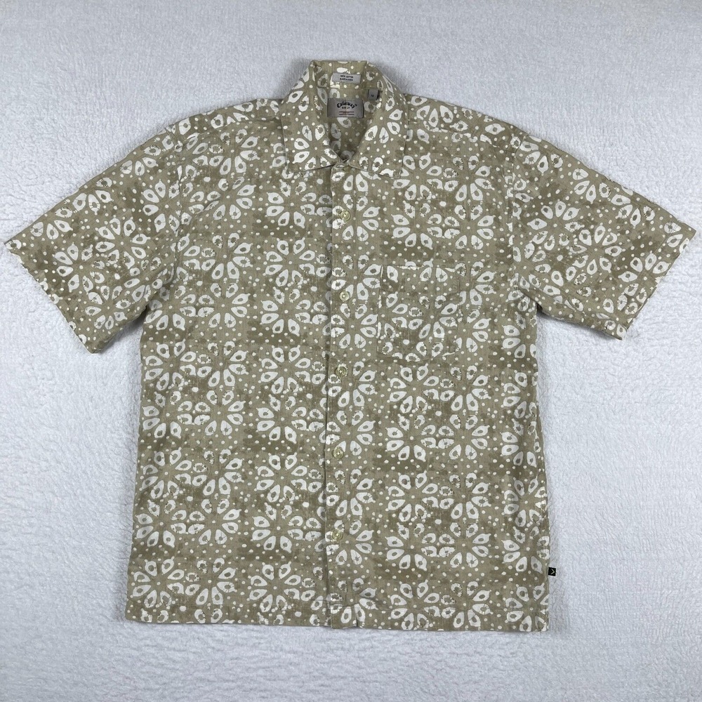 Callaway Golf Shirt Mens Medium Tan White Batik Floral Cotton‎ Short Sleeve